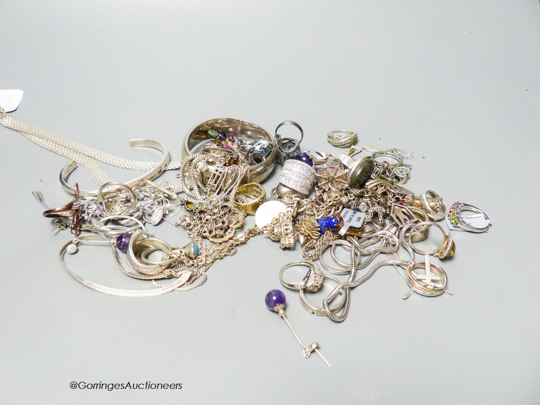 Mixed group of mainly silver or 925 jewellery including, bangle, necklaces, rings etc.